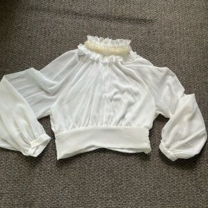 Zara White Puff Sleeve Ruffled Crop Blouse